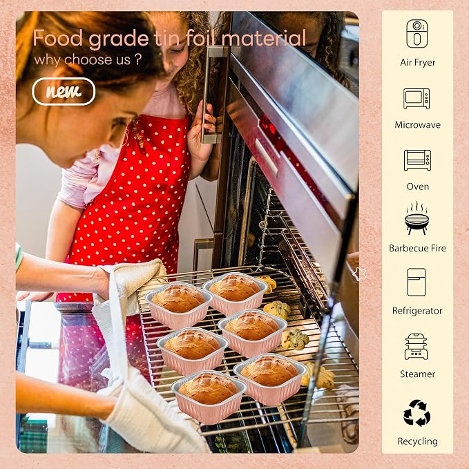 NPLUX Square Foil Cups with Lids, 50 Pack Champagne 5oz for Weddings | Fits tartlets, pudding desserts, loaf slices and sweet samples; compact shape makes tray planning easier.