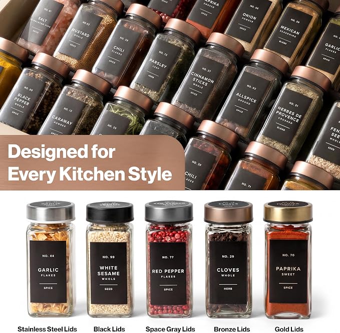Glass Spice Jars with Label, 24x Champagne Bronze Steel Lids | Airtight Lids keep spices fresh, Kitchen Spice Drawer Organizer, 4oz Seasoning Containers incl. Funnel, Brush & 240 Labels