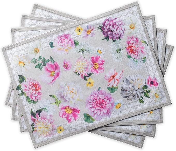 Maison d' Hermine Placemats Set of 4 Reusable 100% Cotton (13"x19") | Cloth Place Mats Washable Table Mats for Kitchen Dining Party Wedding Hotel Home Restaurant Spring Summer - Pivoine
