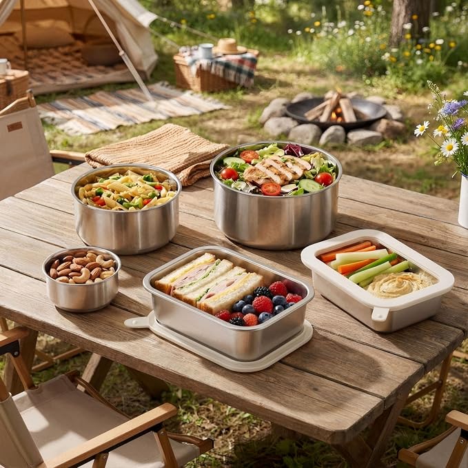 Stainless Steel Food Containers with Glass Lid, Airtight Leakproof Stainless Steel Storage Containers in set of 3, Rectangle Shape, Microwave Safe Food Storage Container Set, 100% Plastic Free