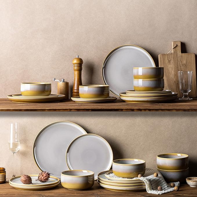Ceramic Dinnerware Set for 6, 18-Piece Plates and Bowls Set | Handmade Reactive Glaze Dish Set, Scratch Resistant, Oven & Microwave & Dishwasher Safe, Autumn Haze