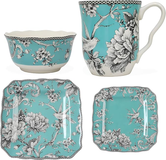 222 Fifth Adelaide Turquoise 16-Piece Porcelain Dinnerware Set | Microwave and Dishwasher Safe Dining Set for 4 | Stackable and Chip-Resistant Plates Bowls and Cups | Gift for Housewarming & Wedding