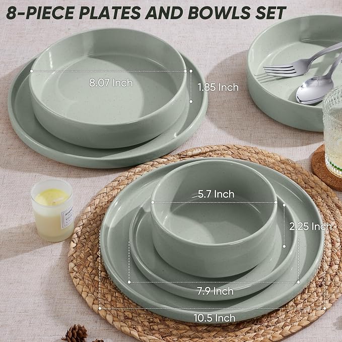 E-far 8-Piece Stoneware Dinnerware Sets with Pasta Bowls, Green | Plates and Bowls Sets for 2, Microwave & Dishwasher Safe Kitchen Modern Dish Set, Speckled Green