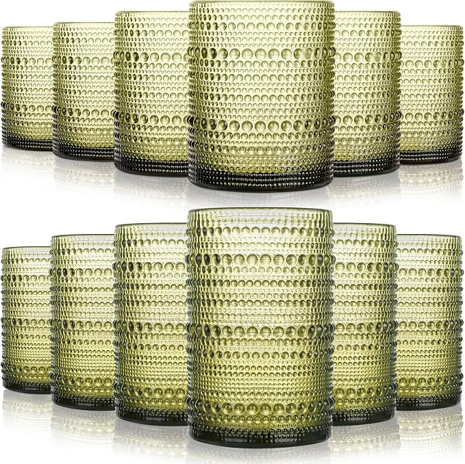 KMIGRUAN Hobnail Drinking Glasses Set of 12, 15Oz & 12Oz Cocktail Glasses | Sage Green Vintage Boho Highball Glasses, Mixed Vintage Glassware Set for Water, Cocktail, Beer, Whiskey, Juice & Bar Use