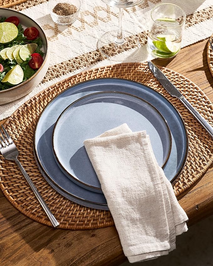 Famiware Annecy 12-Piece Stoneware Dinnerware Set, Reactive Blue | Stoneware Plates and Bowls for 4, Handmade Reactive Glaze, Microwave & Dishwasher Safe, Chip & Scratch Resistant