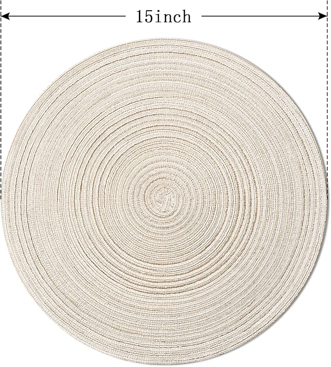 FunWheat Round Braided Placemats Set of 4 Place mats for Dining Tables Woven Heat Resistant Table Mats 15 inch (E Beige, 4pcs)