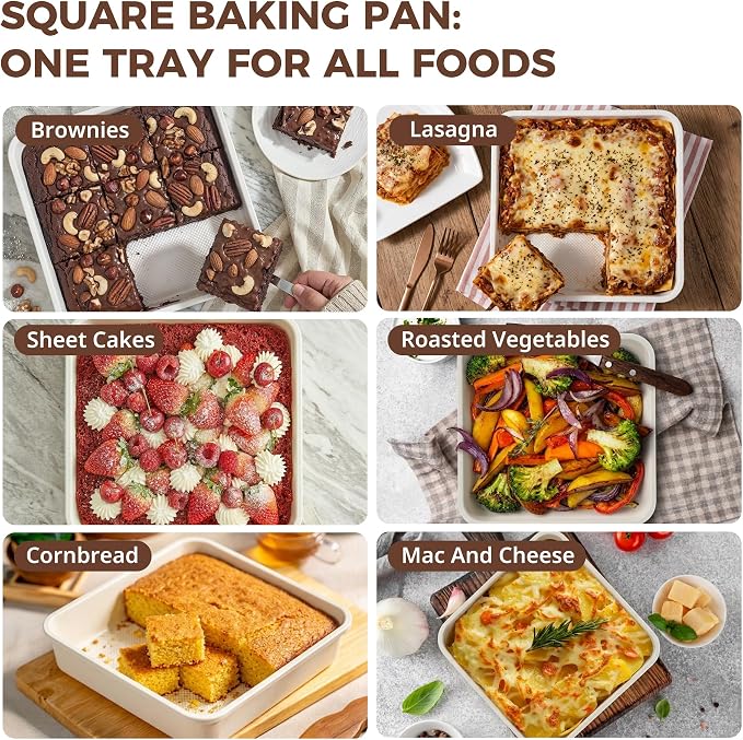 Ceramic 9x9 Baking Pan 2 Pack, Square Cake Pan with Diamond Texture, Aluminized Steel Nonstick Square Baking Pan for Brownies, Cream