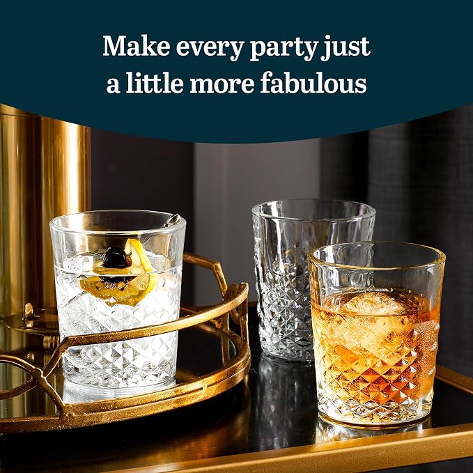 Libbey Carats Double Old Fashioned Glasses, 12 Oz Faceted Whiskey Drinking Glasses, Dishwasher Safe Rocks Glass Set for Spirits, Cocktails