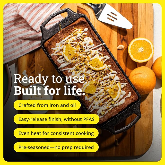Lodge Seasoned Cast Iron Loaf Pan 10 Inches - Pre-Seasoned Rectangular Cast Iron Bakeware- Even Browning Bread Pan with Easy-Release Finish - PFAS-Free Non-Toxic Cookware