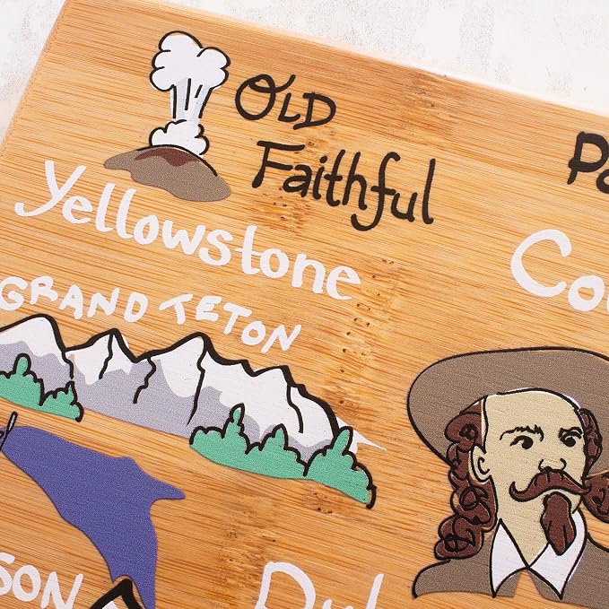 Totally Bamboo Wyoming State Shaped Cutting Board, Art by Fish Kiss | State charcuterie board with colorful hand-drawn map artwork. Smooth reverse side for food prep. Hang tie for wall display.