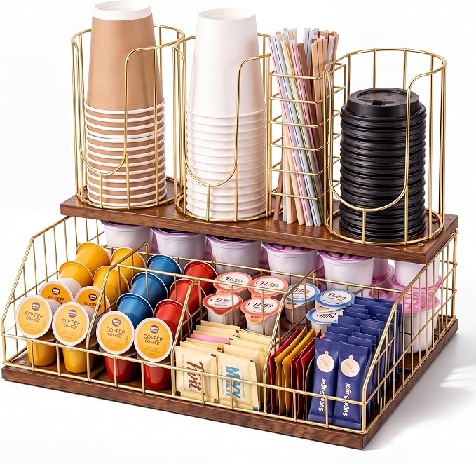 Coffee Cup and Lids Organizer with 4-compartment Double Layer, Cup and Lid Holder for Coffee Pod Straw and Lid Storage, Fits 4-20 oz Cups, Max Accommodable Dia 3.9 in