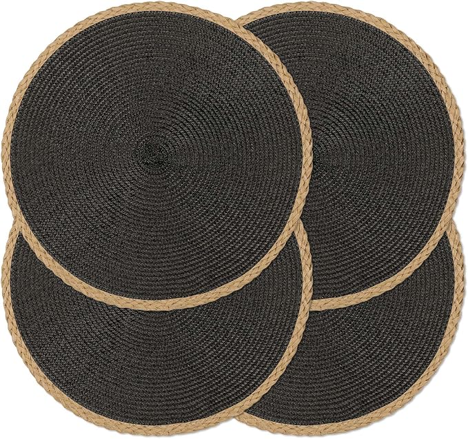 Round Placemats Set of 4, Woven Table Mats, Thin Edge, Black | Braided Paper Edge, 15 Inch Diameter, Fits Dinner Plate and Flatware, Wipeable, Heat Resistant, Indoor Dining, Outdoor Patio
