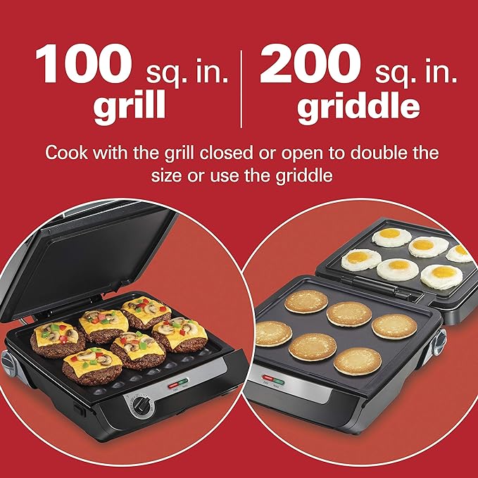 Hamilton Beach 4-in-1 Electric Indoor Grill & Electric Griddle Combo | 200 sq. in. PFAS-Free Non-Stick Cooking Surface Opens | Removable Interchangeable Grill & Griddle Plates | Black & Silver