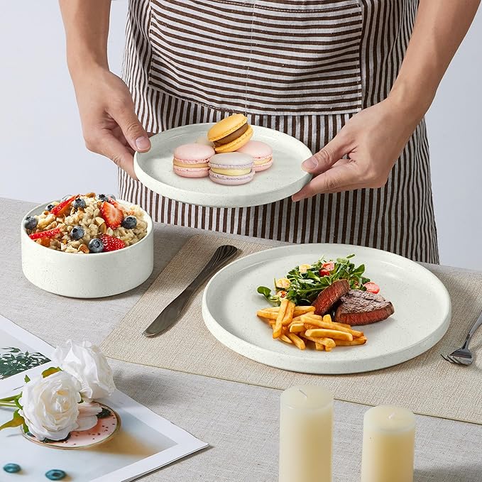 E-far Stoneware Dinnerware Sets, 12-Piece Plates and Bowls Set for 4, White | Kitchen Modern Dishes Dining Ware, Chip and Scratch Resistant, Microwave & Dishwasher Safe, Speckled White