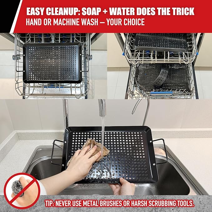 Qetumst 3 Piece Grill Baskets for Outdoor Grill, Vegetable Grilling Pan Set | Heavy duty grilling accessories. Vegetable grill baskets for veggies, seafood & meat. Warp resistant grill pan with handles.