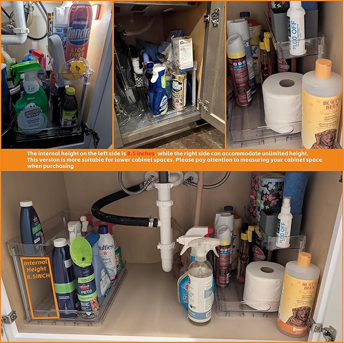 2 Pack 14.5″ Deep Pull Out Under Sink Organizer,10.8″ High 2 Tier Slide Out Cabinet Organizer for Kitchen Cabinet,Undersink Organizers,Under Sink Shelves,Bathroom Organizers and Storage,Clear