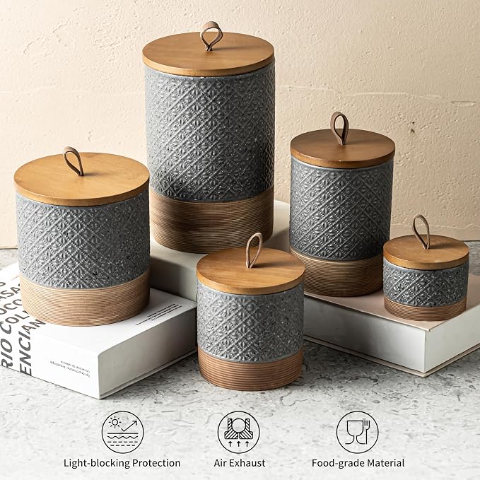 Miamolo Ceramic Jar with Lid, Coffee Grounds Container, Gray & 20 fl.oz | Airtight Coffee Canister, Good Seal Keep Fresh, Wide Mouth Easy Clean | Small for Tea Brown Sugar| for Kitchen Counter, Shelf