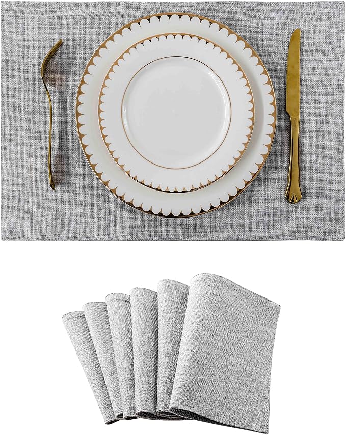 Home Brilliant Cloth Placemats Set of 6 Table Place Mats Light Grey Placemat Easy to Clean Heat Resistant Machine Washable Fabirc Placemats Coffee Table Mats for Dining Kitchen Table, Gray