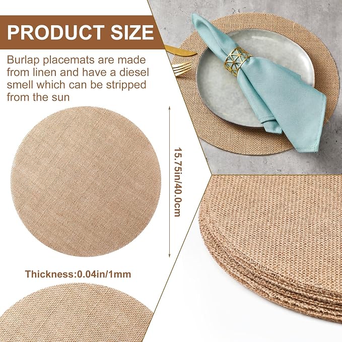 100 Pieces Round Burlap Placemats Bulk 15.75 Inch Reusable Placemats Brown Table Mats Boho Circle Rustic Table Decorations for Wedding Fall Christmas Holiday Farmhouse Party Supplies