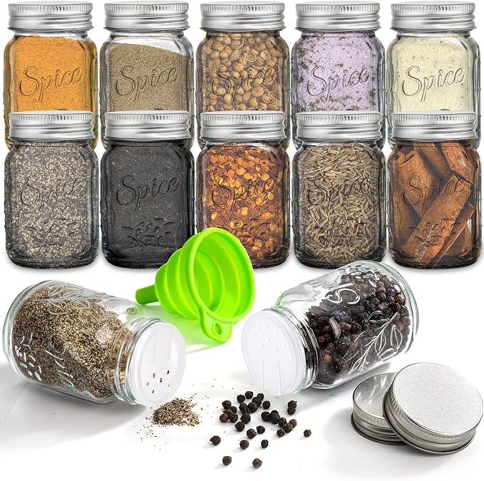 Coloch 30 Pack 4 Oz Glass Mason Spice Jar with Shaker Lids& Labels, Empty Spice Bottle Mini Mason Jars with Airtight Metal Caps and Collapsible Funnel for Herbs & Spices