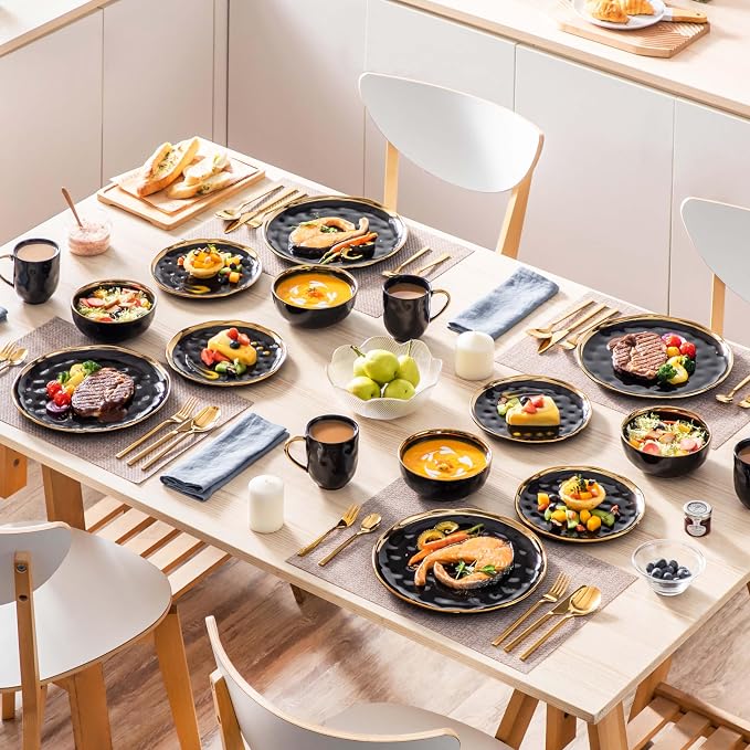 LOVECASA 16 Pieces Plates and Bowls Sets, Porcelain Black and Gold Dinnerware Sets, Round Dinner Plates Dishes Set Service for 4, Dishwasher Safe and Scratch Resistant, Black