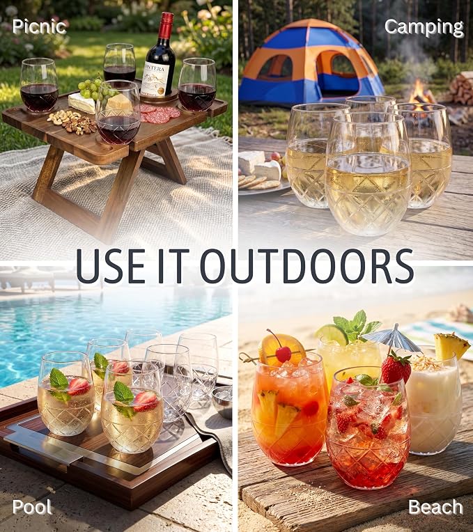 Unbreakable Plastic Stemless Wine Glass - 16 oz Set of 6 | Tritan Plastic, Shatterproof & Reusable Drinkware Perfect for Outdoor, Pool, Camping & Everyday Use