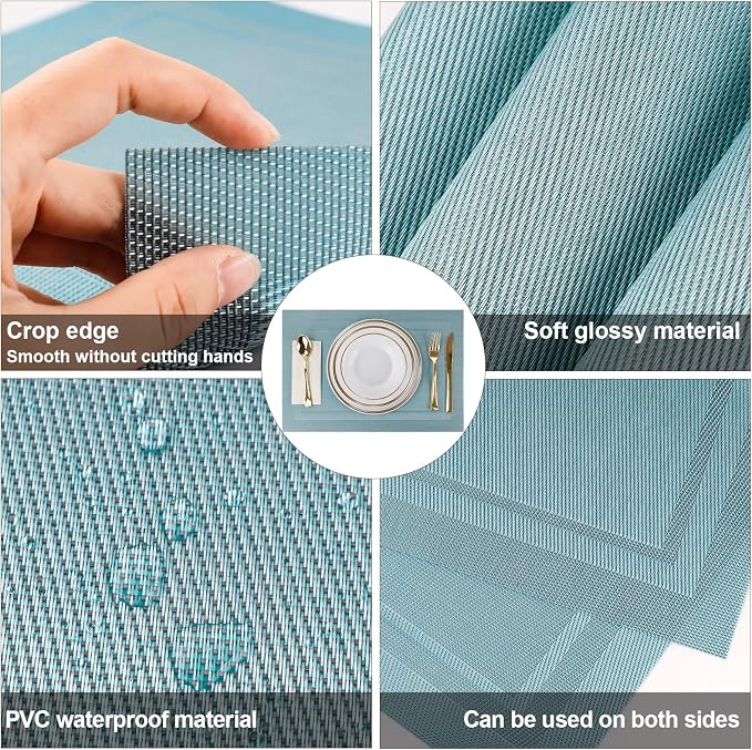 Blue Placemats Set of 6, Woven Vinyl PVC Place Mats for Dining Table, Heat Resistant Washable Table Mats, 17 x 12 in