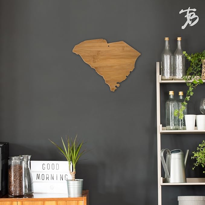 Totally Bamboo South Carolina State Shaped Bamboo Serving and Cutting Board | State charcuterie board with natural bamboo grain. Knife-friendly surface for food prep. Hang tie for wall display.