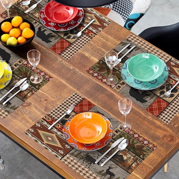 Rustic Lodge Bear Deer Placemats Set of 4, 12x18 Inch Vintage Cabin Pine Cone Wild Animal Place Mats Boho Style Country Heat Resistant Table Mats for Holiday Party Kitchen Dining Table