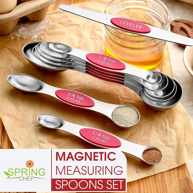 Spring Chef Dual Sided Magnetic Measuring Spoons Set of 8 for Kitchen, Pink | Stainless Steel Teaspoon & Tablespoon Measuring Spoons with Leveler for Dry & Liquid Ingredients, Nesting, Dishwasher Safe