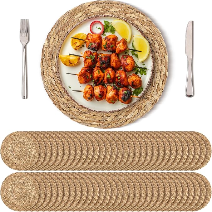 Kochorie Set of 60 Round Woven Placemats 12 Inches Bulrush Placemats Natural Hand-Woven Boho Rattan Placemat Wicker Table Mats Farmhouse Weave Place Mats for Home Dining