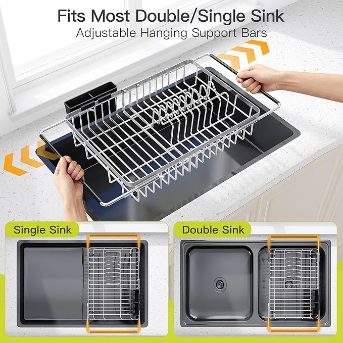 JASIWAY Expandable Dish Drying Rack Over the Sink with Utensil Holder | Stainless Steel Adjustable Dish Driainers for Small Kitchen, Counter Space Saving, Fast Drain, Rustproof, For Apartment, RV
