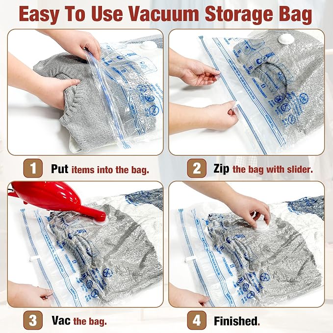 Vacuum Storage Bags, 10 Large Vacuum Seal Bags for Clothing | Extra Large XL, Airtight Triple Seal, Save 80% Space, Hand Pump, Work with Vacuum, Double Zip, Reusable, Easy to Use