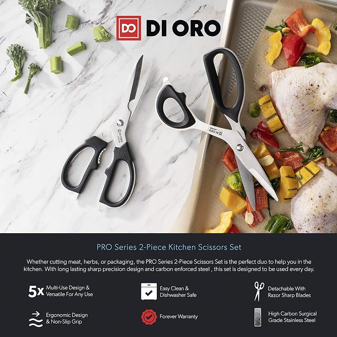 DI ORO Kitchen Shears - Heavy-Duty Stainless Steel Scissors | Cuts poultry, herbs, meat, and packaging; Comes apart for a full dishwasher clean; Micro-serrated blades grip and hold