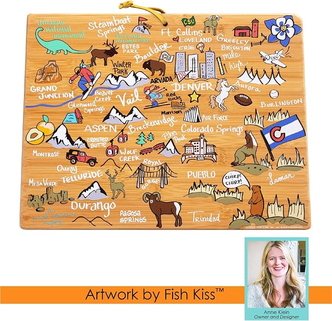 Totally Bamboo Colorado State Shaped Cutting Board, Art by Fish Kiss | State charcuterie board with colorful hand-drawn map artwork. Smooth reverse side for food prep. Hang tie for wall display.