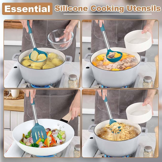 LIANYU Silicone Kitchen Utensils, 6 Pcs Cooking Utensils Spatula Set, Blue | Slotted Turner, Spoon, Soup Ladle, Pasta Server, Skimmer, Tongs for Nonstick Cookware, Heat Resistant, Stainless Steel Handle