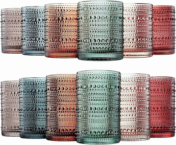 Hobnail Highball Glasses, Vintage Beaded Tumblers Set of 12, 14 & 11 oz | Vintage Beaded Design, Embossed Bubble Texture, Comfortable Grip, Ideal for Water, Whiskey, Cocktails, Wine & Mixed Drinks,