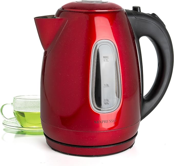 Moss & Stone Red Stainless Steel Electric Kettle, 1.7L Cordless 1500W | Large, portable hot water tea kettle, fast boiling pot, boil-dry protection, auto shut-off, blue Illuminate LED light