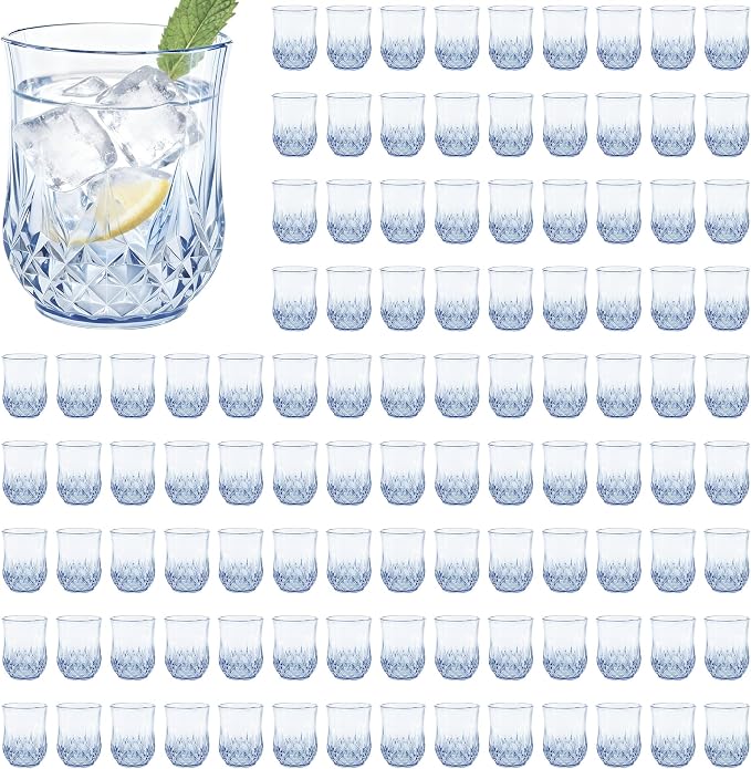 100 Pack Plastic Stemless Wine Glasses, 12oz Unbreakable Wine Cups | Reusable Fancy Vintage Drinking Glass Bulk for Cocktail, Whiskey, Juice, Elegant Decor for Wedding, Party & Holiday Events