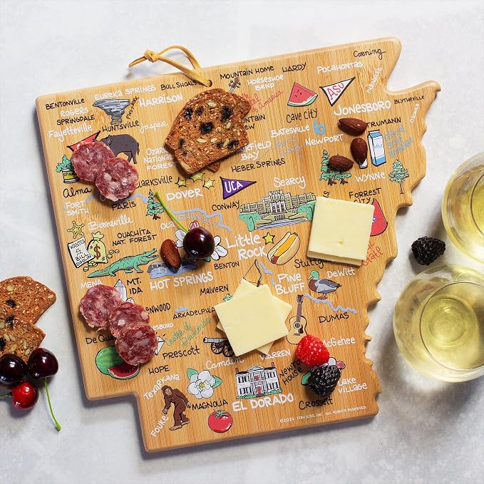 Totally Bamboo Arkansas State Shaped Cutting Board, Art by Fish Kiss | State charcuterie board with colorful hand-drawn map artwork. Smooth reverse side for food prep. Hang tie for wall display.
