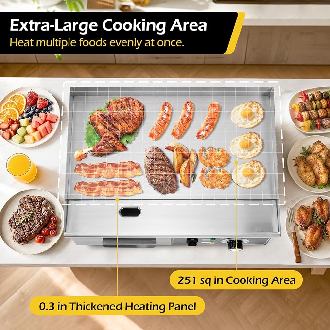 Dyna-Living Electric Griddle 22''Flat Top Grill Commercial Teppanyaki Grill | 3000W Countertop Flat Top Griddle Stainless Steel Electric Griddles, Non-Stick, Easy to Clean, 122℉-572℉ Temp Adjustable