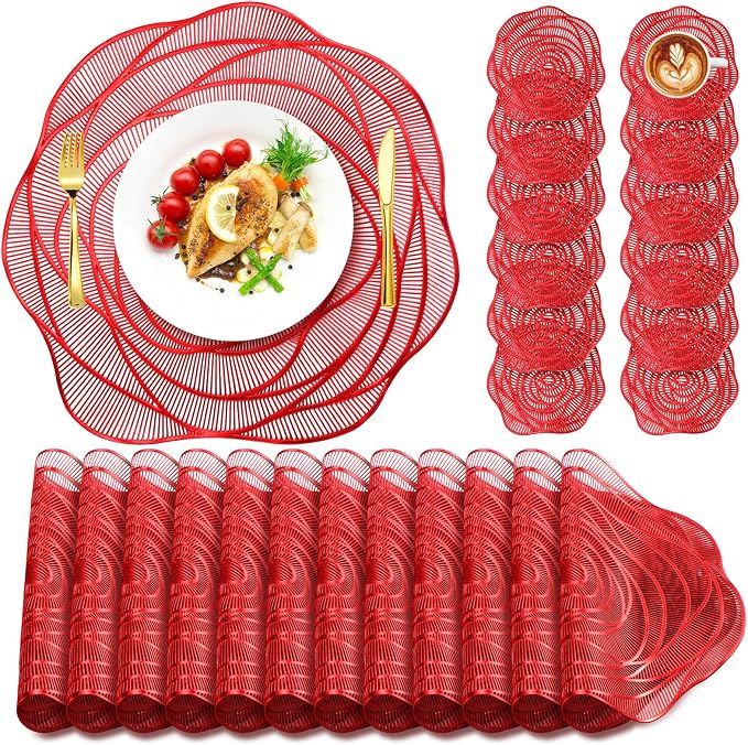 Sieral Round Hollow Rose Vinyl 15'' Placemat & 4'' Coaster,Red,12 Set