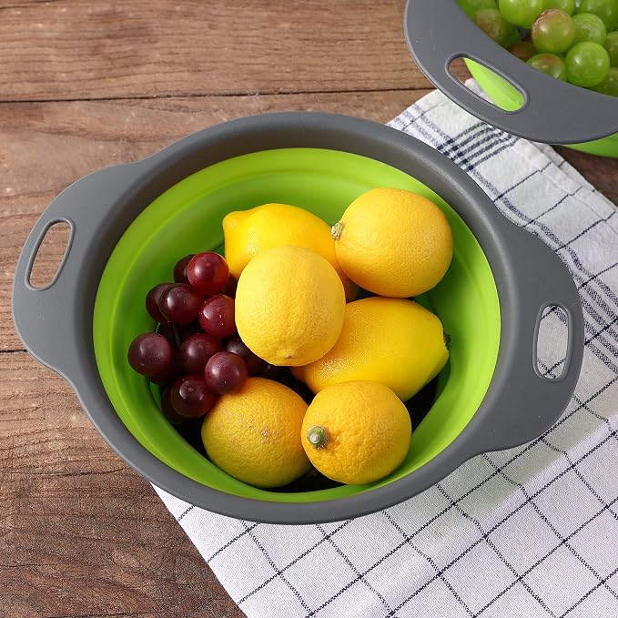 Collapsible Colander Set - 2 Pc Strainer Plus Food Grade Silicone Measuring Cups and Spoons - Pasta Strainer for Draining, Vegetables, Fruits 1 Medium 4-Quart & 1 Small 2-Quart - Home Essentials