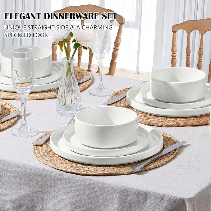 E-far Stoneware Dinnerware Sets, 12-Piece Plates and Bowls Set for 4, White | Kitchen Modern Dishes Dining Ware, Chip and Scratch Resistant, Microwave & Dishwasher Safe, Speckled White