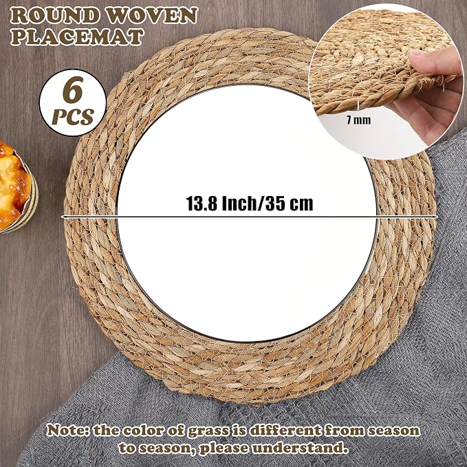 Kochorie Set of 6 Round Woven Placemats - 13.8 Inches Natural Boho Rattan Wicker Table Mats for Home Dining Table