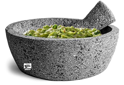 Genuine Handmade Mexican Mortar and Pestle Set 8 Inches Flat Base, Molcajete Mexicano — Mexican Cookware Perfect as Guacamole Bowl and Masher, Mortero para Cocina Made from Volcanic Rock in Mexico