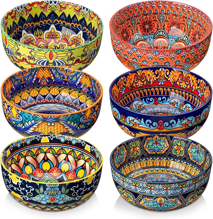 vancasso Cereal Bowls Set of 6, 28oz Porcelain Soup Bowls, Colorful | Bowls for Eating, Bohemian Ceramic Bowls for Salad, Fruit, Pasta, Microwave & Dishwasher Safe Bowls Set, Stackable Design