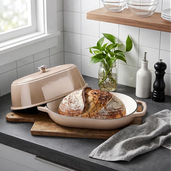 Enameled Cast Iron Dutch Oven Pot with Dome Lid, Oval Bread Oven for Homemade Sourdough Bread Baking, Oven Safe up to 500°F, 6 Quart, Latte