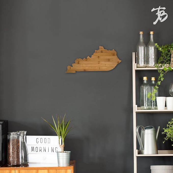 Totally Bamboo Kentucky State Shaped Bamboo Serving and Cutting Board | State charcuterie board with natural bamboo grain. Knife-friendly surface for food prep. Hang tie for wall display.