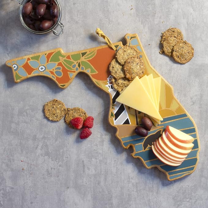 Totally Bamboo Florida State Shaped Cutting Board, Summer Stokes Art | State charcuterie board with colorful hand-drawn landscape art. Smooth reverse side for food prep. Hang tie for wall display.